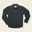 A rugged cotton Sawhorse Work Shirt in dark blue denim with long sleeves, front button closure, two flap chest pockets, and bronze-colored buttons, laid flat on a light background.