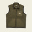 Olive green Chisos Fleece Vest made from high pile fleece; this lightweight vest features a full front zipper, two side pockets, a small chest pocket with Howler Bros label, and black trim along the edges.