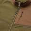 Close-up of an olive green and brown polyester fleece jacket with a zipper, a chest pocket featuring a zipper pull, and a small H/B tag near the main zipper. The soft, textured fabric makes it perfect for fall outerwear.