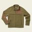 Olive green polyester fleece jacket with a full front zipper, two zippered side pockets, brown fabric patches on the right shoulder and left elbow, and a green collar with a branded label inside—essential fall outerwear.