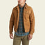 A man wearing a brown Fuzzy Depot Jacket with a sherpa lining over a blue plaid shirt and khaki pants stands facing slightly to the left, with his left hand in his pocket.