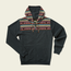 A dark gray cotton blend hoodie with a woven jacquard yoke featuring colorful stripes and geometric designs across the shoulders and hood. The hoodie has long sleeves, front pockets, and vibrant Baja hoodie-inspired patterns.
