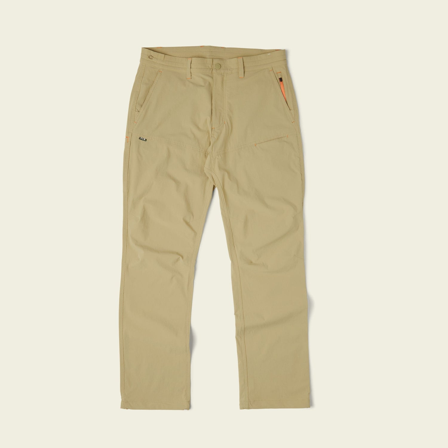 Khaki-colored stretch nylon pants with front and back pockets, belt loops, and a button-zip closure, displayed flat on a light background.