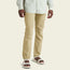 A person wearing light beige stretch nylon pants, a light green and white striped shirt, and white sandals stands against a plain, light background. The image shows the person from mid-chest down.