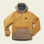 A lightweight travel jacket, this quilted pullover features PrimaLoft insulation, a hood, front half-zip, large zippered pocket, and small logo patch. The yellow and beige color-block design is accented with bold orange trim details.