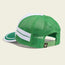 A vintage-inspired hat, this green and white mesh trucker features two white stripes on the side, a curved brim, and an adjustable snapback closure. The back includes a small brown tag with a white graphic.