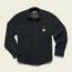 A black, long-sleeve fleece overshirt with a button front, two chest pockets with flaps, and a small Carhartt logo patch on the left pocket, made from high pile fleece and laid flat on a light background.