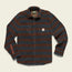 A long-sleeve fleece overshirt with a fuzzy, high pile fleece texture, featuring horizontal blue and brown stripes and a small patch on the chest pocket. The casual jacket has a collar and is laid flat on a light background.