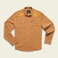 A long-sleeve, button-up tan shirt with pearl snaps, two front chest pockets, and vintage inspired motif embroidery in yellow on the shoulders, displayed on a light background.