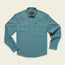 A teal long-sleeve western shirt in stretch chambray, featuring pearl snaps, two chest pockets, and gold vintage inspired motif embroidery of stars and cacti on the yoke. The shirt is laid flat on a light background.