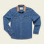 A rugged cotton shirt, this blue denim long-sleeve features a tan corduroy collar, pearl snap buttons, and two front chest pockets, blending versatile style with classic Denim Snapshirts flair. Laid flat on a light background.