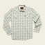 A long-sleeve, button-up plaid shirt in light blue, white, and pale yellow tones with two chest pockets and a vented rear yoke, crafted from lightweight stretch fabric, displayed on a cream background.