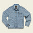 Light blue Depot Jacket denim jacket featuring brown buttons, visible lightning bolt stitch, two chest pockets (one with a button), and two large lower front pockets, laid flat on a light background.