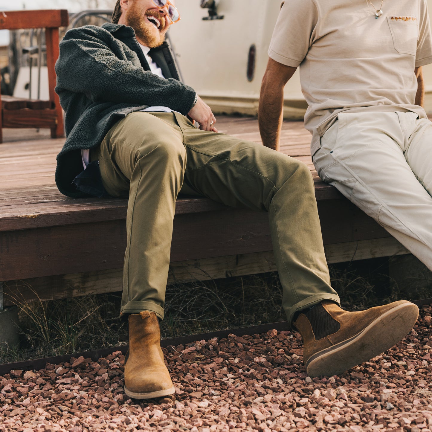 A pair of olive green Frontside Tech Pants laid out flat, showcasing the 5-pocket design.
