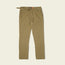 A pair of khaki-colored Trek Pants with an integrated belt, front pockets, and reinforced knee panels, designed as durable outdoor pants and laid flat on a light background.