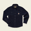 A navy blue, long-sleeve high pile fleece overshirt with a button-up front, two chest pockets, a small brand patch on the left pocket, and a collared neckline, laid flat on a light beige background.