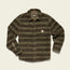 A long-sleeve, button-up fleece overshirt with an olive green and brown striped pattern, featuring geometric and leaf designs. The shirt has a collar, chest pocket, and a small rectangular patch on the front.