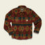 A high pile fleece overshirt with a southwestern geometric pattern in red, green, gold, and brown. This casual jacket features button closures, a collar, a small patch on the left chest, and an off-white background.
