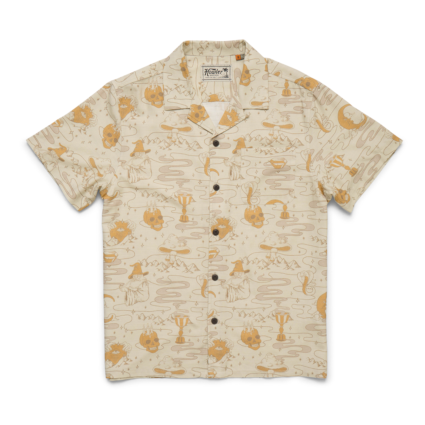 A short-sleeve, button-up shirt with a camp collar and beige slub fabric, featuring a whimsical pattern of light brown cartoon cats, mushrooms, and abstract lines. The relaxed fit and front pocket evoke vintage Hawaiian shirts charm.