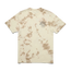 A beige tie-dye cotton t-shirt with brown splashes and a small “Hooked Brothers” logo with a fish graphic on the left chest, offering a vintage look with experimental artwork.