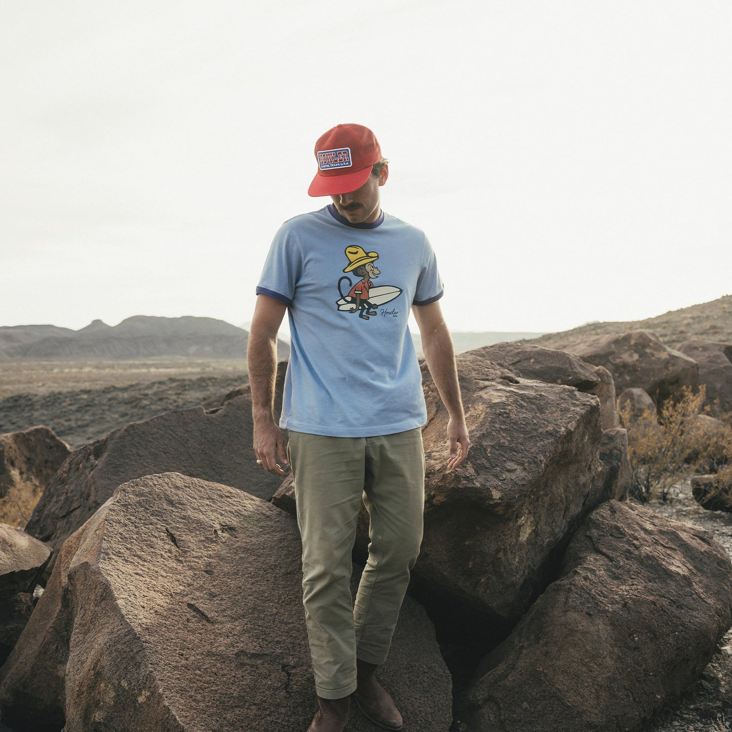 El Monito Surfs Ringer T - Light Blue Heather