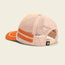 A beige and orange vintage-inspired trucker hat with a mesh back, two orange horizontal stripes, and an adjustable strap with a small black tag featuring a logo. The Foam Dome hat is positioned with the back facing the viewer.