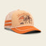 A vintage-inspired hat, this beige and orange trucker features mesh sides, orange stripes, and a graphic of a longhorn steer with mountains. Los Longhorns is printed above the illustration on the front panel.