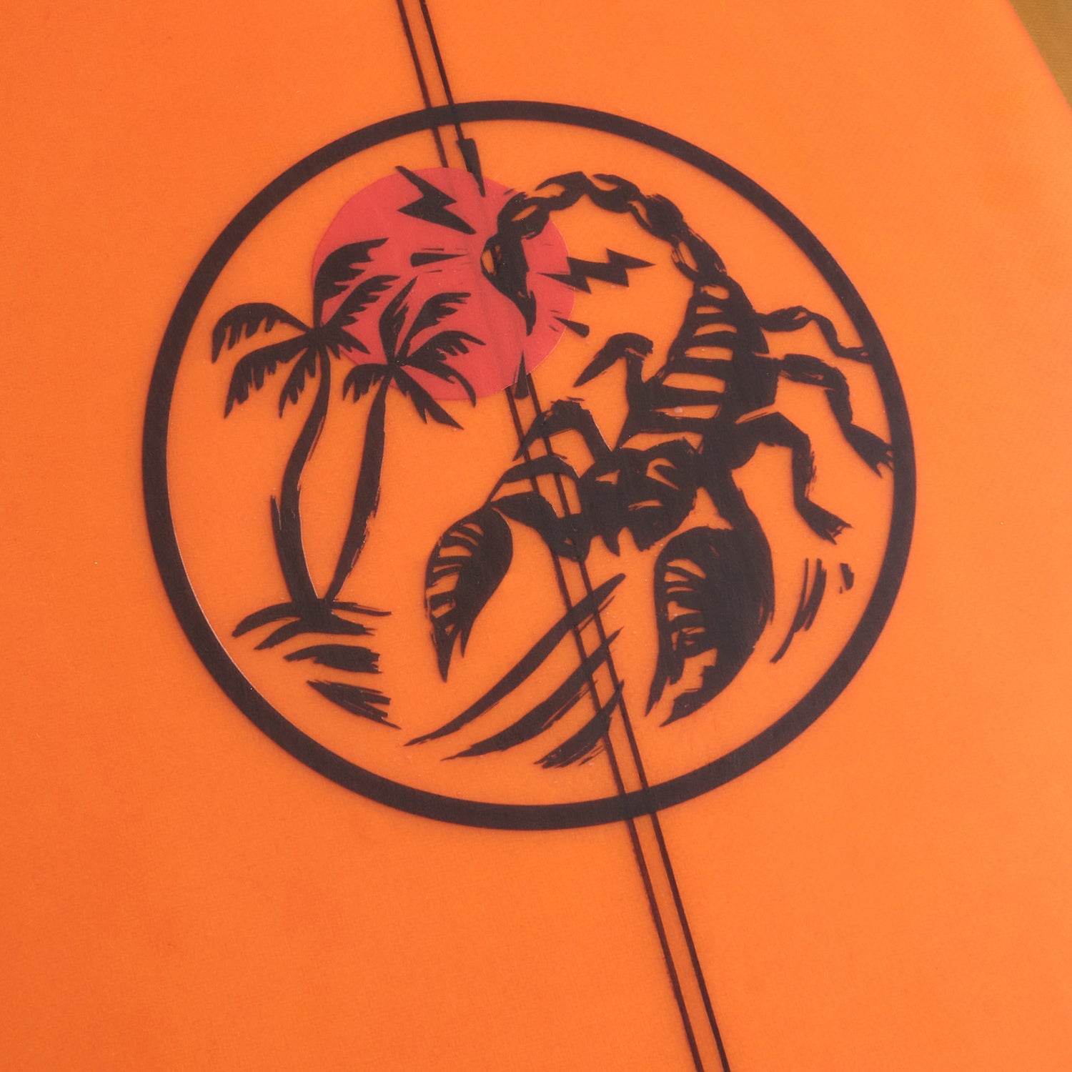 Black outline of a scorpion, palm trees, and a red sun inside a circle on an orange background, echoing the bold, adventurous style of Almond Surfboards—perfect for a Lightning Powered Surf Machine or Super73-S2 design.
