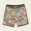 A pair of Bruja Boardshorts with a drawstring waist, made from stretchy fabric and featuring a colorful floral pattern in yellow, blue, and pink on brown, plus Howler branding on the left leg.