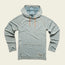 Light blue recycled polyester hoodie with a subtle vertical stripe pattern, tan drawstrings, front kangaroo pocket, and a small patch label at the hem, laid flat on a cream background.