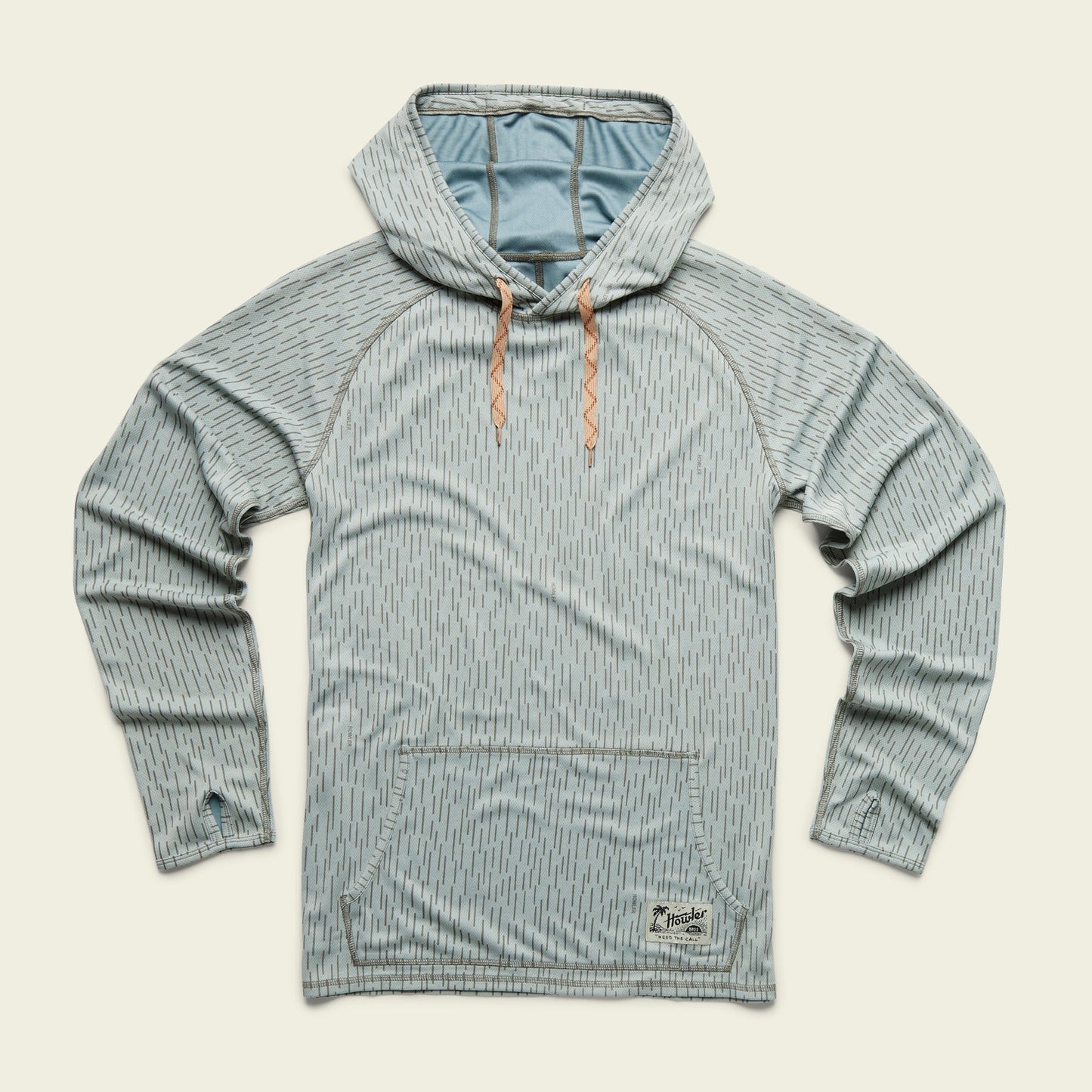 Light blue recycled polyester hoodie with a subtle vertical stripe pattern, tan drawstrings, front kangaroo pocket, and a small patch label at the hem, laid flat on a cream background.