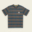 A short-sleeve crew neck jacquard t-shirt made from 100% cotton, featuring a blue, orange, and brown geometric striped pattern and a white rectangular patch on the left chest.