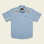Light blue Crosscut Deluxe Shortsleeve shirt with two chest pockets and motif embroidery of roses on each shoulder. This summer shirt features a casual, western-inspired style and is displayed on a plain background.