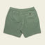 Green Pressure Drop Cord Shorts made from stretch cotton corduroy, featuring an elastic waistband, a single back pocket with button closure, and two small metal eyelets on the pocket, laid flat on a beige background.