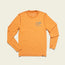 A long-sleeve, orange Howler Brothers shirt laid flat on a light background. This lightweight cover up features a small logo and text on the left chest, perfect for hiking thanks to its UPF 50+ sun protection.