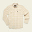 A long-sleeve, light beige plaid lightweight stretch shirt with two chest pockets, a collar, and vented yoke detail, laid flat on a plain off-white background.