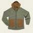 A two-tone Seabreacher Jacket with an olive green body and brown hood and front pockets, featuring a front zipper, drawstrings on the hood, elastic cuffs, and a lightweight windbreaker design that’s also water resistant.