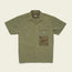 Short-sleeve olive green Forager Utility Shirt with a collar, orange buttons, and a front pocket featuring a mesh lower section and a small blue label. Perfect as a tech shirt for hiking trails. Laid flat on a light beige background.