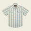 A short-sleeved, button-up, western shirt in light blue, beige, and white plaid features pearl snaps, two front chest pockets with flaps, a classic collar, and a western-style yoke. Inspired by the H Bar B Snapshirt design.