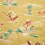 Patterned fabric for the Mansfield Shirt features pink flamingos among tropical islands and palm trees, set against a yellow background with white cloud-like details and blue water accents—showcasing unique seasonal patterns.