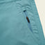 Close-up of versatile shorts, likely Horizon Hybrid Shorts, in light blue ripstop fabric, featuring a matching blue zippered pocket and visible stitching details.
