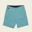 Light blue Horizon Hybrid Shorts made from durable ripstop fabric, featuring front pockets, button and zipper closure, a small black loop near the waistband, and a green patch detail on the right side. Shorts are laid flat on a light background.