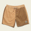A pair of two-tone Pressure Drop Cord Shorts crafted from stretch cotton corduroy, featuring an elastic waistband, drawstring, and a small palm tree patch. The left side is light tan while the right side is a darker brown shade.