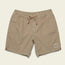 Tan patterned Pressure Drop Cord Shorts featuring an elastic waistband, drawstring, and a small palm tree patch on the left leg, crafted from stretch cotton corduroy and displayed on a plain off-white background.