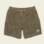 Green and brown patterned Pressure Drop Cord Shorts, crafted from stretch cotton corduroy for all day comfort. Features an elastic waistband, tan drawstring, and a small patch graphic on the bottom left leg, laid flat on a light background.
