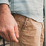 A close-up of a person’s hand next to the pocket of tan cotton blend shorts with decorative geometric embroidery, wearing a light blue, long-sleeved, striped shirt.