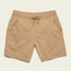 Light brown cotton blend Westside Day Shorts with geometric embroidery along the front pockets, elastic waistband, and visible stitching details, displayed on a light beige background.