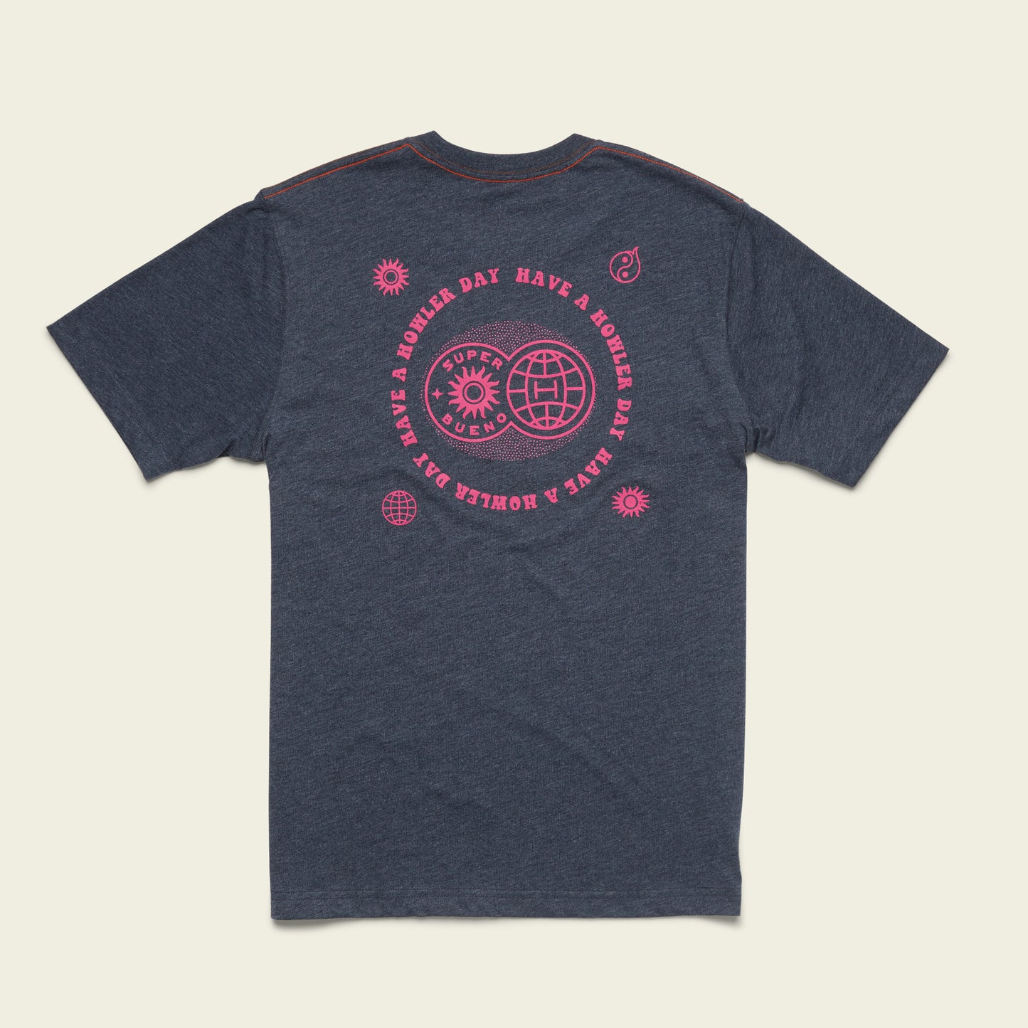 A dark gray Howler blended t-shirt lies flat, showing the back. Made from a cotton-poly blend for maximum comfort, it features bright pink text—Have a Wondere Day—circling icons like a globe, sun, and paisley designs.
