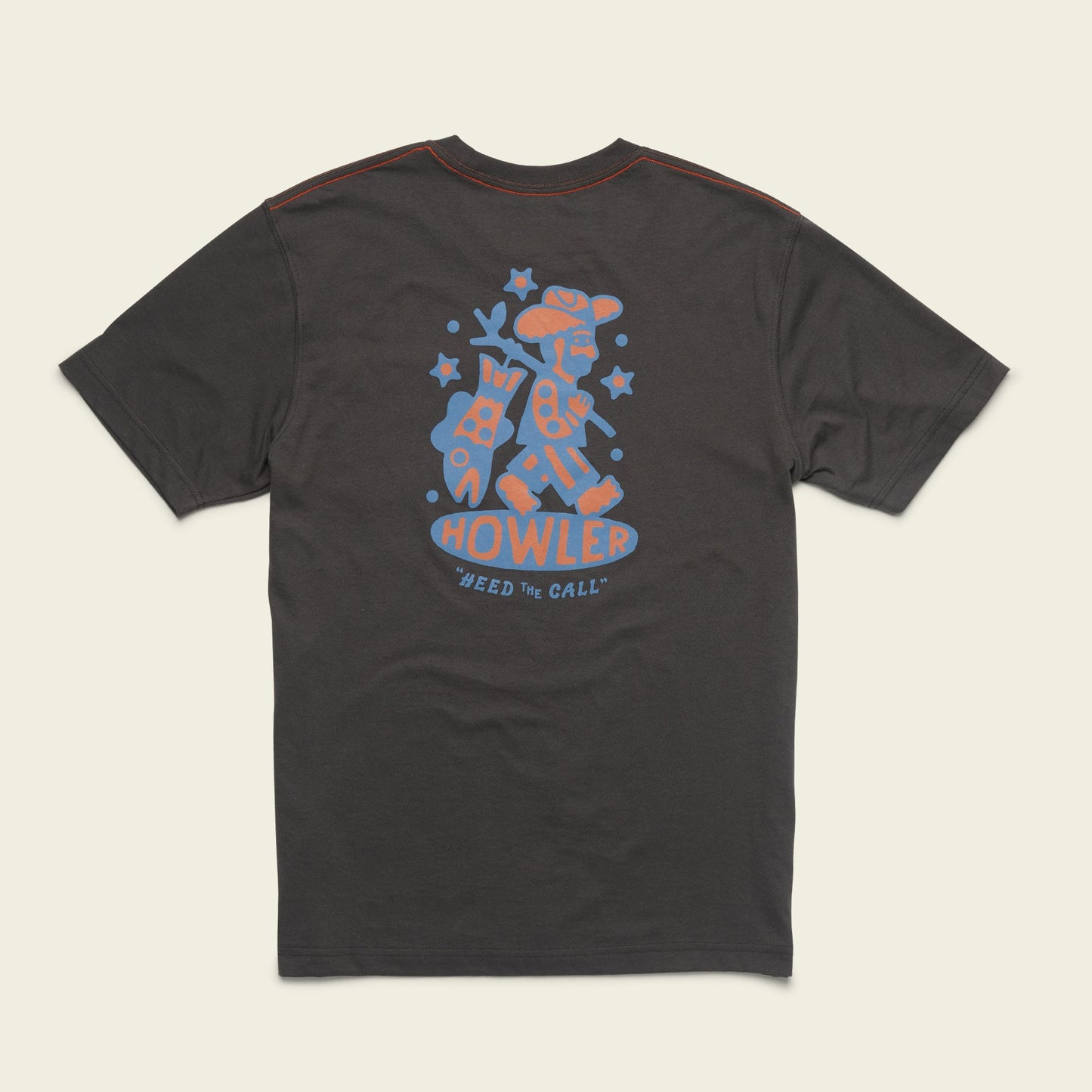 A black cotton-poly blend t-shirt with an illustrated graphic on the back featuring a stylized blue and orange figure, stars, and the word HOWLER above the phrase HEED THE CALL, delivering maximum comfort in signature Howler blended t-shirts style.