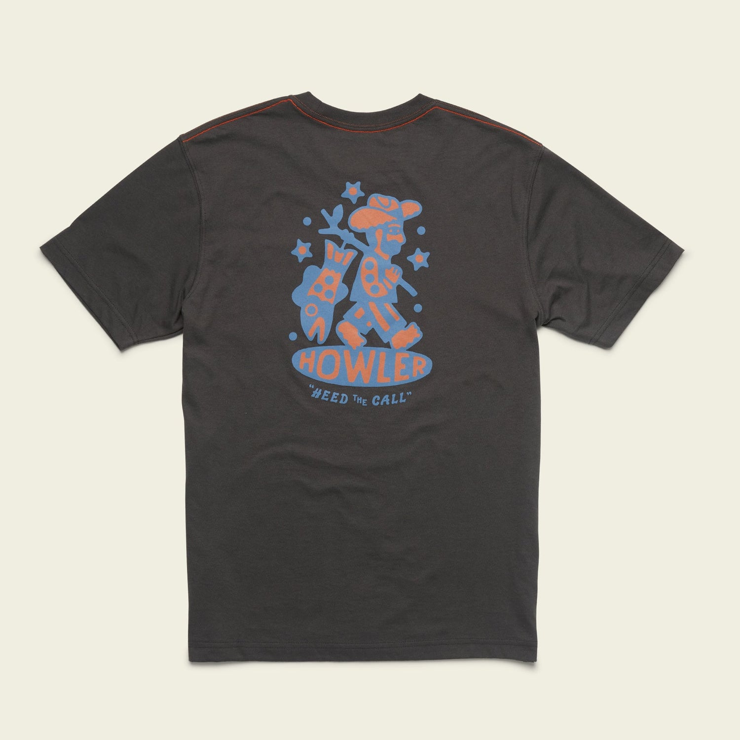A black cotton-poly blend t-shirt with an illustrated graphic on the back featuring a stylized blue and orange figure, stars, and the word HOWLER above the phrase HEED THE CALL, delivering maximum comfort in signature Howler blended t-shirts style.